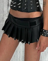 Gothic Solid Pu Leather A-Line Skirt Dark Casual Low-Waisted Super Mini Skirts Women Autumn Winter Streetwear Lady