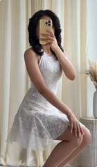 Hnewly  Women Sexy Lace Mini Halter Dress Chic Solid Sleeveless Backless Sequin A-line Slim Fit Dresses New Ladies Party Vestidos