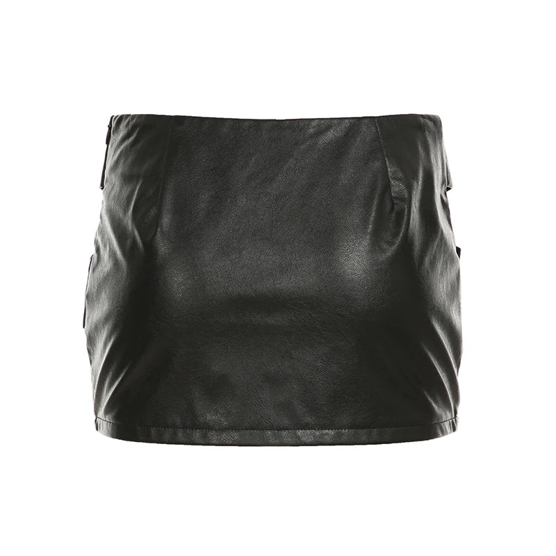 Hnewly rave inspo outfits Darkly Punk Metal Style Black Mini Skirts Women Sexy Slim Fit Cross Waistband Baddie Straight Skirts