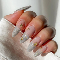 Hnewly 24Pcs Pink Almond False Nails Butterfly Pearl with Rhinestones French Design Wearable Fake Nails Simple Press on Nails Tips Art