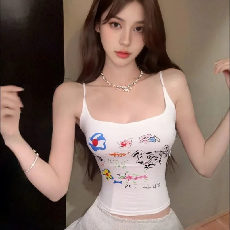 Hnewly  Sexy Camis Women Sweet Cartoon Printed Slim Backless Summer Fashion 2025 Crop Tank Tops Party Clubwear Casual Top