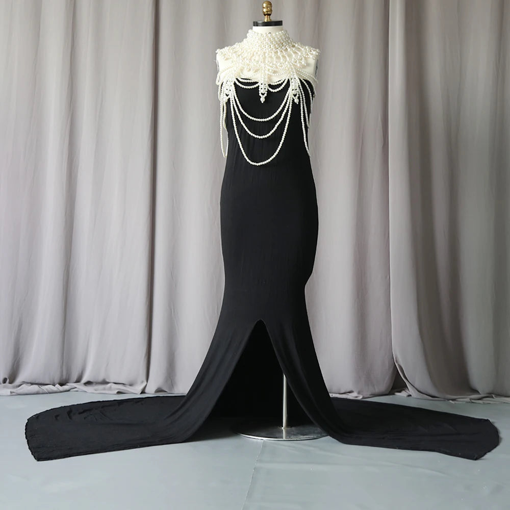 Hnewly  Elegant Maternity Dresses For Photoshoot Stretch Black Maxi Long Dress And Pearl Shawl Set Women’s Robe Photography Body Chain