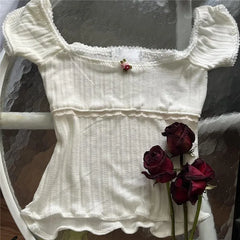 Hnewly  Chic Cute 2 Piece Set Y2K Fairy Coquette Lace Trim Crop Tops + Shorts 00s Retro Grunge Milkmaid Vest Tops Vintage Camis Outfit