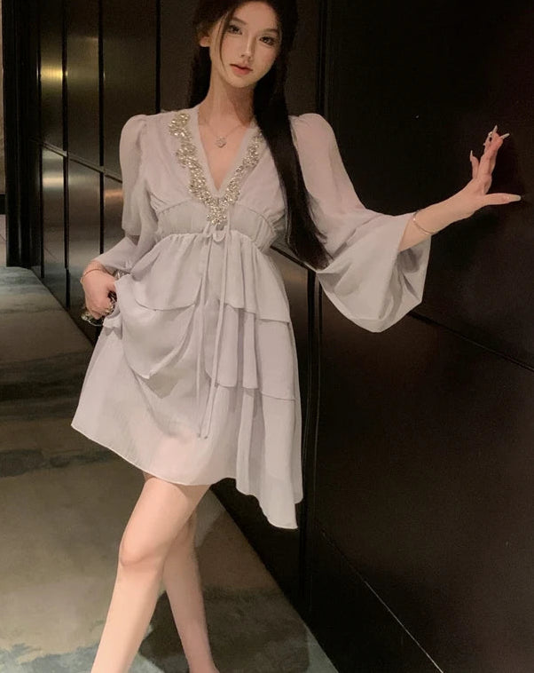 Hnewly Beaded Multi Ruffles Mini Dress Elastic High Waist Puff Lantern Sleeves Chiffon Dresses Celebrity Style Vestidos Women