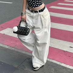 Hnewly  White Streetwear Wide-Leg Jeans For Women Chic Y2k Low Waist Denim Pants Harajuku All match Loose-Fit Trousers Casual