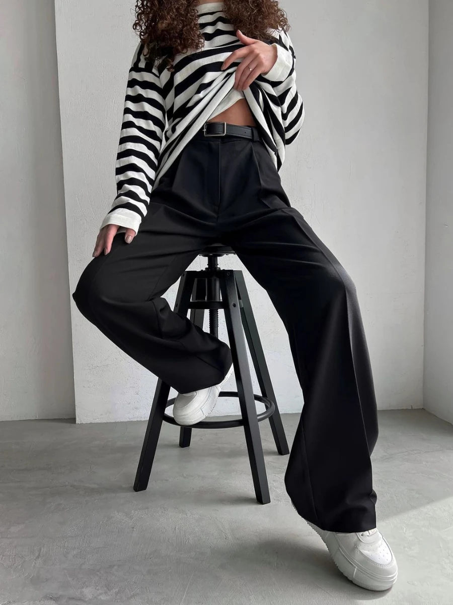 Hnewly Office Ladies Trousers Women High Waist Full Length Pants Female Pleated Wide Leg  Solid OL Pants for Women