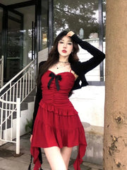 Hnewly  Sweet Ruffles Slim Waist Camisole Dress for Women+ Y2k Thin Long Sleeve Cardigan Coat Two Piece Sets 2025 Summer New