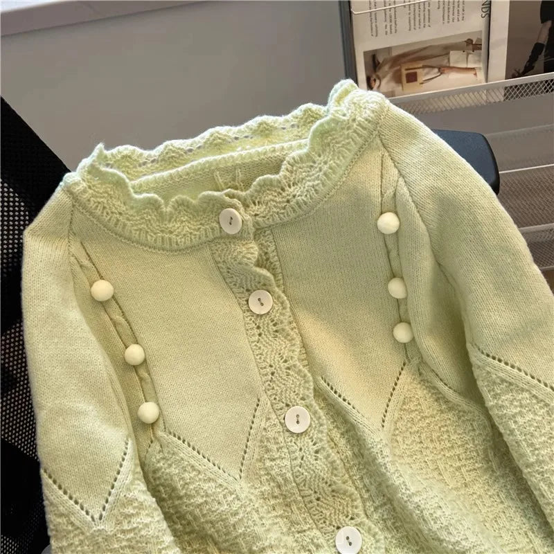 Hnewly  Korean Sweater Cardigan Women's Spring Autumn 2025 Versatile Soft Knitted Jacket Elegant Lace Single Breasted Long Sleeved Top