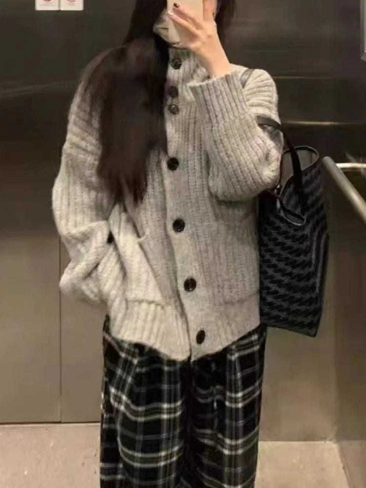 Hnewly  Slouchy Knit Cardigan for Women Rib-knit Pockets Front High Neck Button Up Sweater Jacket Coat Female Autumn Winter Basic Outfit