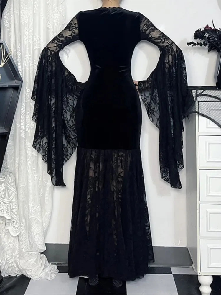Hnewly Halloween Gothic Women Dress Long Sleeve High Waist Lace Dresses Y2K Vintage Punk Sexy Goth Aesthetic Slim Party Club Robe
