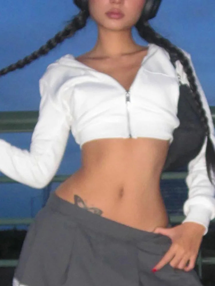 Hnewly FALL OUTFITS Y2K Aesthetic Vintage Basic Zip Up White Cropped Hoodies 2000s Fashion Big Pockets Front Hooded Long Sleeve Sweats Cute