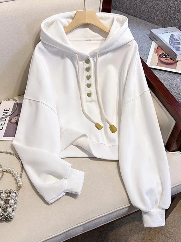 Hnewly Chic Sweet Women Hoodies Long Sleeve Korean Simple Solid Fashion Sweatshirt Fall New Love Buttons Lace Up Cute Short Tops