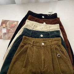 Hnewly Retro High Waist Corduroy Pants Women Spring Fall Straight Causal Full Length Trousers Korean Fashion Baggy All Match Black Pant