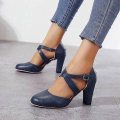 Hnewly  Women High Heels Shoes  Autumn New Round Toe Chunky Heel Casual Platform Women's Shoes Female Belt Buckle
