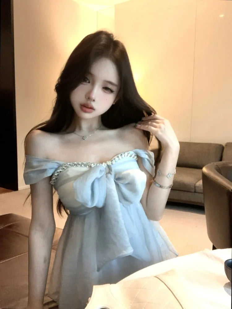 Hnewly  Woman Camis Sweet Bow Bandage Rhinestone Slim Backless Summer Fashion Elegant Slim Tank Tops Female Casual Chic