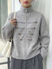 Japanese Solid Stand Neck Casual Cardigan Y2k Aesthetic Double-breasted Knitted Kardigan Autumn Harajuku Zipper Loose Sweater