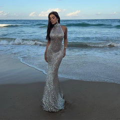 Hnewly  Sequined Backless Halter Long Dress Women Sexy Beach Sleeveless Hip Package Female Dresses Spring Summer Lady Vacation Robe