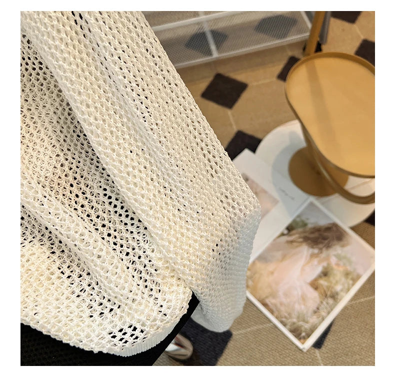 Hnewly Black White Striped Ice Silk Knitted Sweater Women Long Sleeved Loose Lazy Style Mesh Pullover Spicy Girl Hollow Out Top