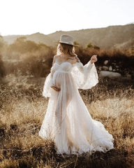 Hnewly  A Line Maternity Dresses for Photoshoot Off Shoulder Pregnant Women Robe Pearl Gowns Wedding Bridal Boudoir Sleepwear Bathrobe
