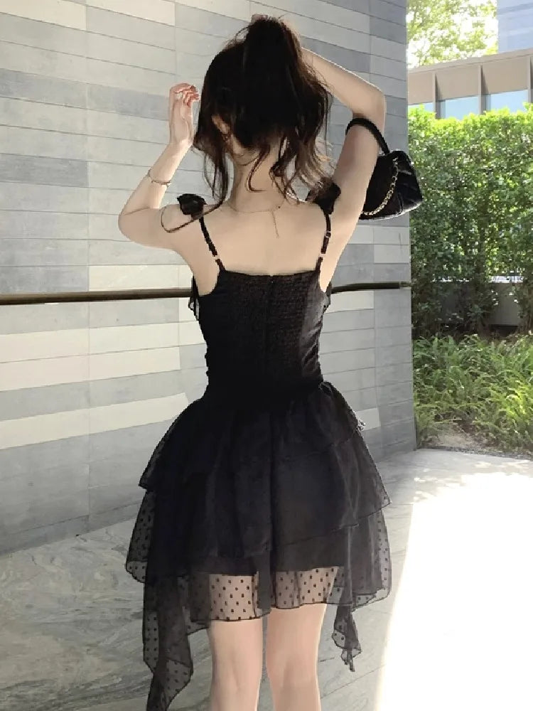 Hnewly  Woman Dress Sexy Irregular Slim Ruffles Patchwork Sleeveless Square Collar Bow Party Mini Dresses Female Fashion