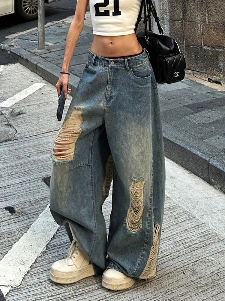 Hnewly Women Hole Y2K Jeans Streetwear Sexy Low Waist Retro American Denim Pants Loose Pockets Vintage Bf Wide Leg Trousers Fall