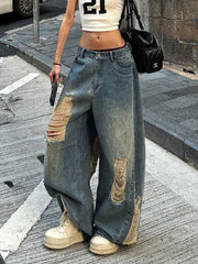 Hnewly Women Hole Y2K Jeans Streetwear Sexy Low Waist Retro American Denim Pants Loose Pockets Vintage Bf Wide Leg Trousers Fall