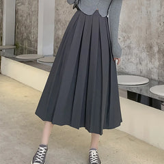 Hnewly  Classic Pleated A-Line Suit Skirts Women Loose Elastic Waist Skirts for Woman Office Lady Solid Color High Waist Skirt Mujer