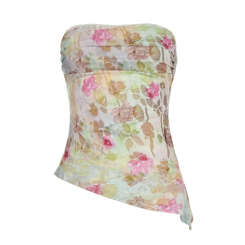 Hnewly Fairycore Kawaii Floral Print Tube Top Summer Holiday Irregular Skinny Strapless Cropped Tops for Women y2k Aesthetic Tee