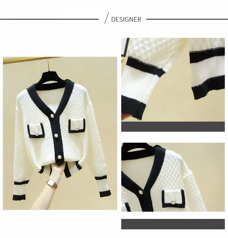 Hnewly  Korean Knit Sweater Temperament V-neck Single Breasted Jacket Women's Spring Autumn New Loose Long-Sleeved Cardigans  Coat
