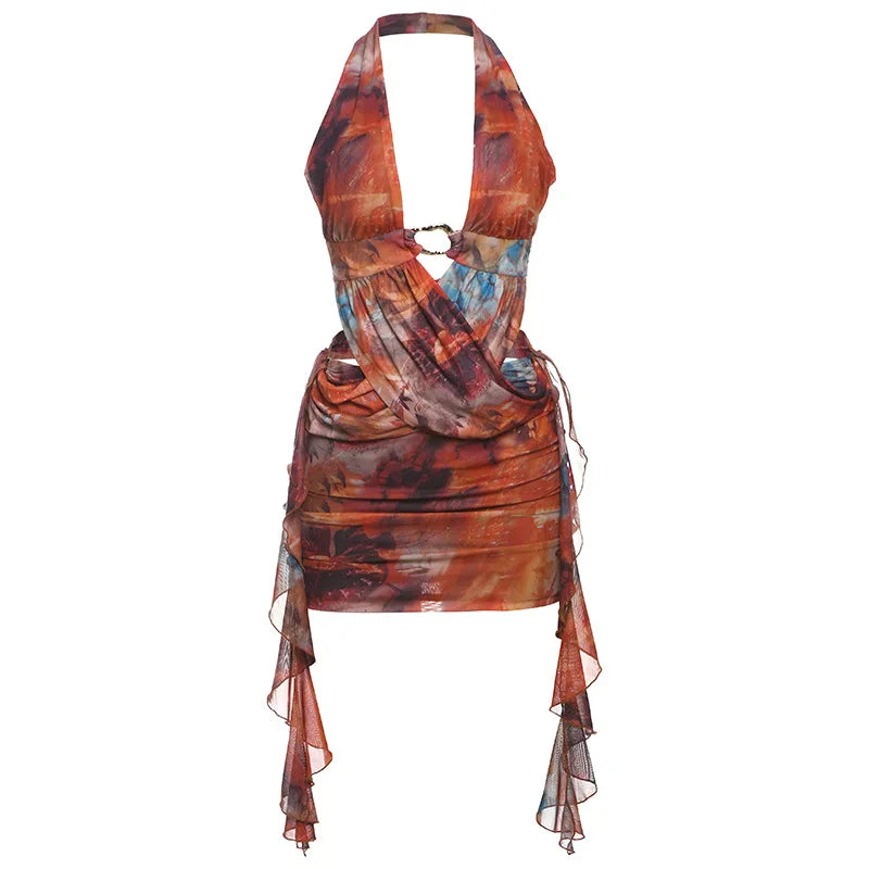 Hnewly  Weird Puss Cross Metal Rings Dress Women Y2K Coquette Sexy Backless Tassel Halter Pleated Waistless Midnight Club Party Bodycon