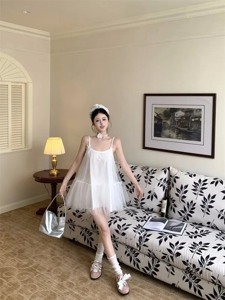 Hnewly  Mini Dresses Women Bow Sleeveless Slash Neck Mesh Patchwork Sweet Party Dress Sexy Party Female Fashion Princess