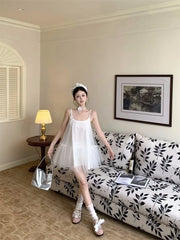 Hnewly  Mini Dresses Women Bow Sleeveless Slash Neck Mesh Patchwork Sweet Party Dress Sexy Party Female Fashion Princess