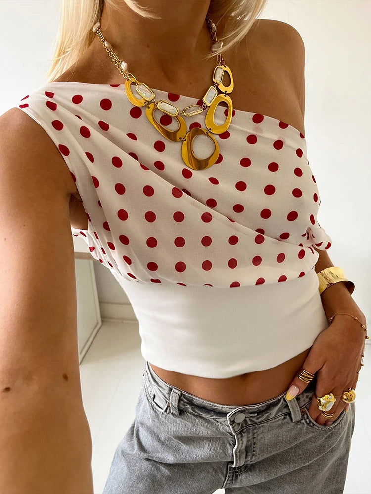 Hnewly  Polka Dots Print T-Shirts Women Summer Trend Skew Collar Off Shoulder Backless Street Fashion Trend Ruched Crop Tops