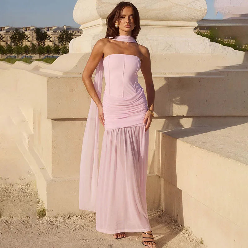 Hnewly  Elegant Party Women's Dress Hlater Strapless Backless Ankle-length Solid Slim Female Dresses Summer Chic Evening Lady Robe