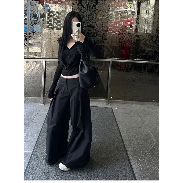 Hnewly  Y2k Fake Two Piece V-neck All-match Shirts Women See Through Mesh Black Blusas Mujer 2025 Spring New Bottoming T-shirts