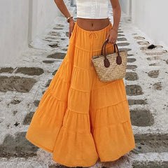 Hnewly  Summer Beach Vacation Long Skirt Women Solid Color Lace Up A Line Skirts Woman Casual Patchwork Pleated Casual Skirts Mujer