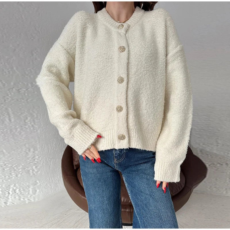 Hnewly  Casual Women's Knitted Solid Cardigan Loose O-neck Single Breasted Full Sleeve Female Sweater Autumn Lady Chic Knitwear