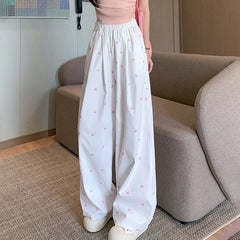 Hnewly  Bow Print Wide Leg Loose Trousers Women Summer Sweet Cute High Waist Pants Women Clothes Korean Popular Straight Trousers