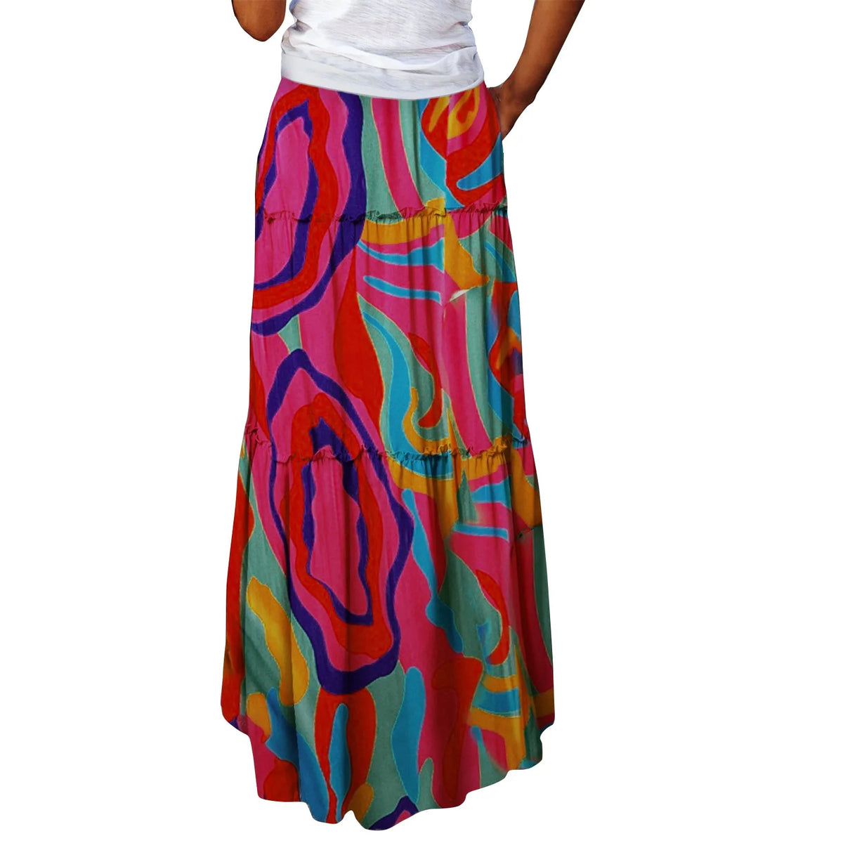 Hnewly  Ladies' Fashion Bohemian Printed Elastic Waist Midi Skirt Thin Loose Casual Comforatble Tie Long Skirt Vacation Beach Clothes