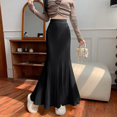 Hnewly  Sexy Hip-Wrapped Knitting Long Skirt for Women Elegant Elastic High Waist Mermaid Skirts Woman Pleated A Line Midi Skirt Ladies