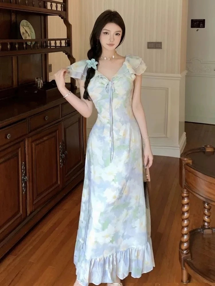 Hnewly  Dresses Women Temperament Floral Printed Ruffles Patchwork Bandage V Neck Elegant Summer Fashion Female Dress Casual