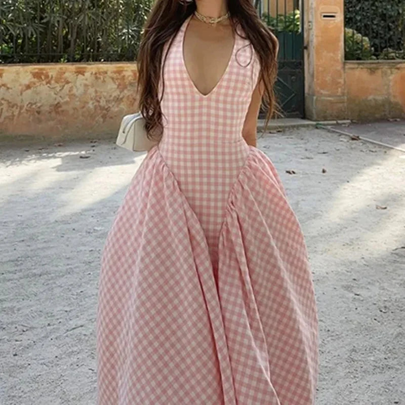 Hnewly Spring Women's Elegant Waist Hanging Neck V-neck Crimson Waist Dress
