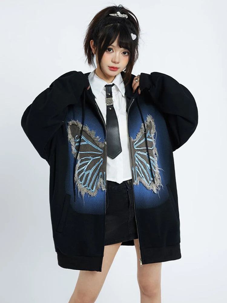 Hnewly Vintage Women Y2K Hoodies Bufferfly Loose Long Sleeve Streetwear Sweatshirts Harajuku Casual Fall Lady Retro American Tops
