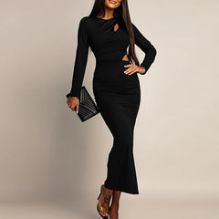 Hnewly  Office Ladies O-neck Long Sleeved Spring Dress Simple Elegant Temperament Elegant Banquet Dress New Fashion Street Long Dresses