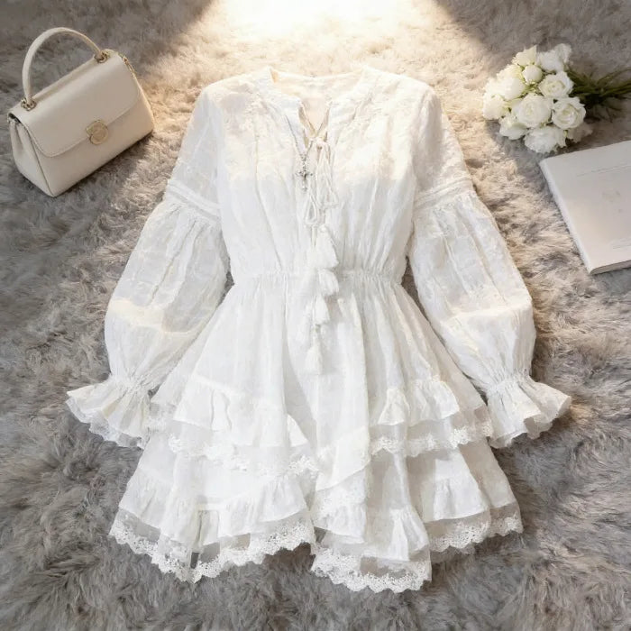 Hnewly  French Holiday Style Sweet Lace Dress Women's Long Sleeve Waist Cinched Slimming Irregular Skirt High Waist V-neck Knitted Fa...