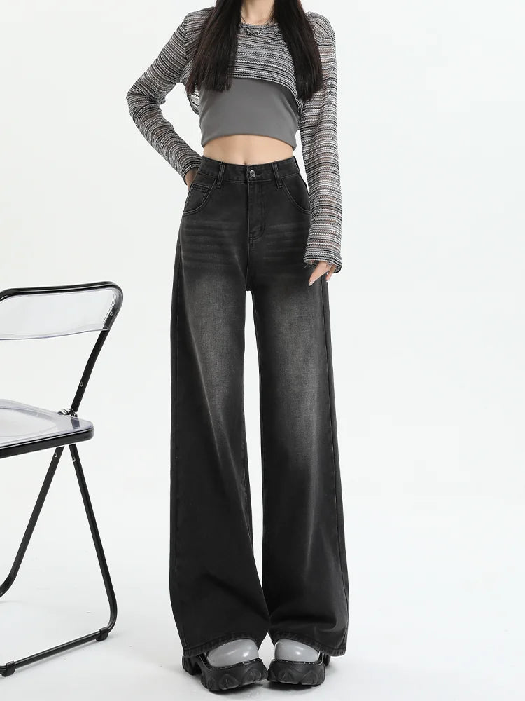 Hnewly Black Gray American Retro Jeans Wide Leg Baggy Pants Streetwear Trousers Y2k Fashion Spice Girls Denim Pants Straight Jeans