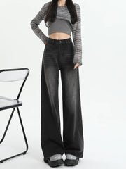 Hnewly Black Gray American Retro Jeans Wide Leg Baggy Pants Streetwear Trousers Y2k Fashion Spice Girls Denim Pants Straight Jeans