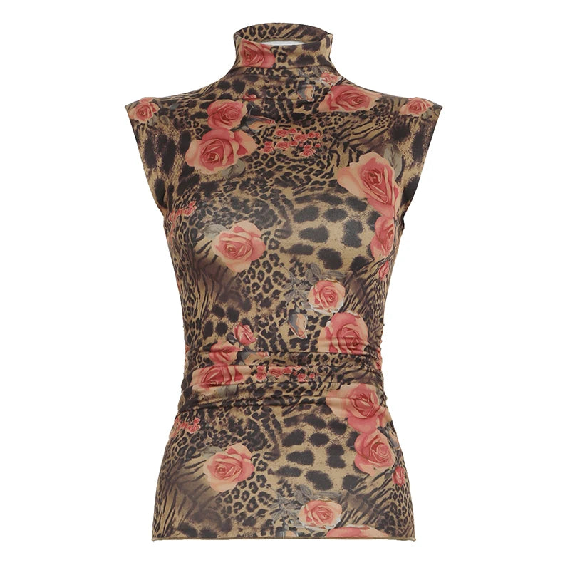 Hnewly Vintage Floral Print Crop Top Women Retro Sleeveless Turtleneck Skinny Tank Tops Harajuku y2k Tee Summer Casual Lady Vest