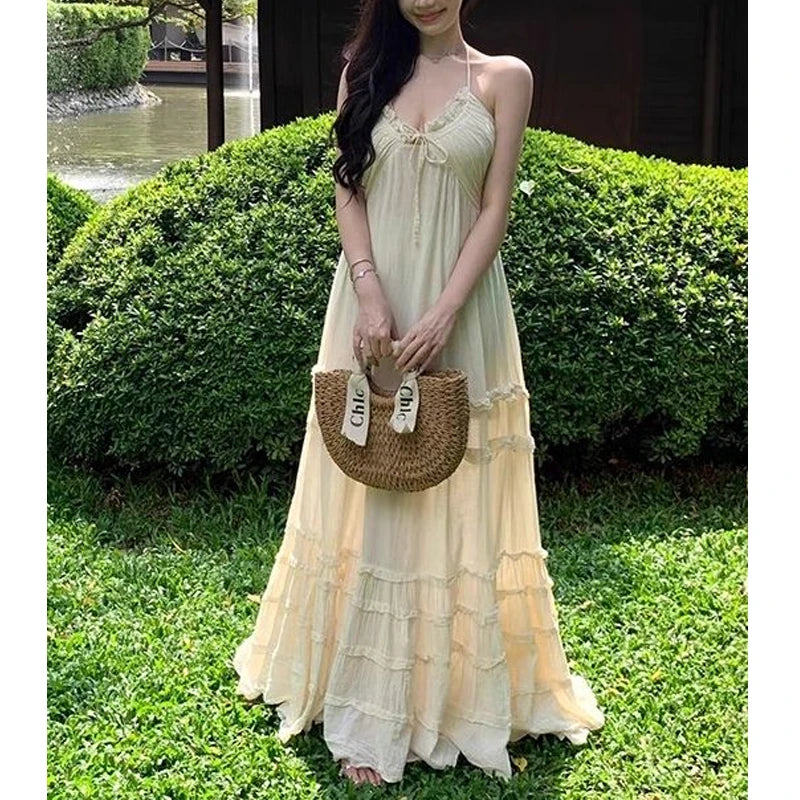 Hnewly  Summer Women Ruffles Designer Korean Fairy Dress Female Casual Fashion Evening Beach Dress Sexy Backless Long Strap Dress
