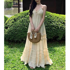 Hnewly  Summer Women Ruffles Designer Korean Fairy Dress Female Casual Fashion Evening Beach Dress Sexy Backless Long Strap Dress